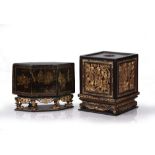 Carved lacquer wooden 'temple' box and stand Chinese made for the Straits Market, Peranakan carved
