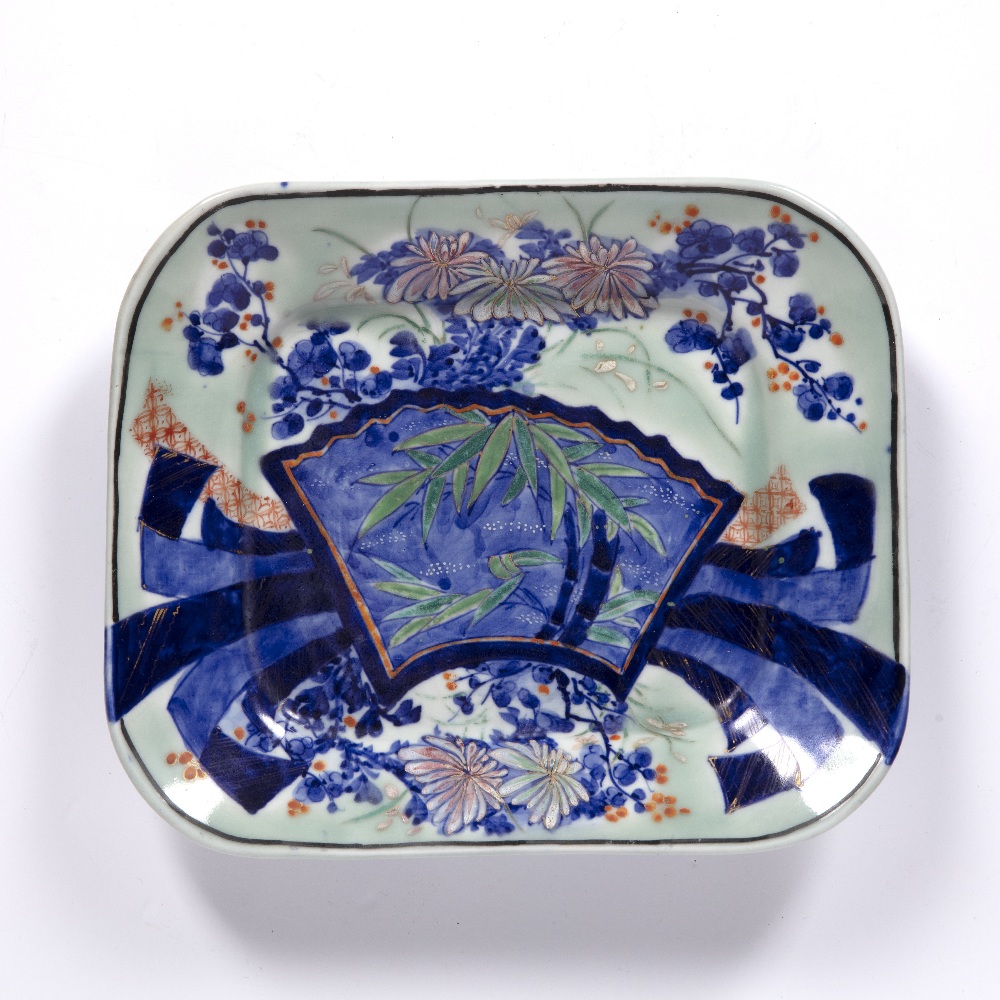 Celadon glazed dish Japanese decorated to the centre with bamboo and brightly coloured flowers, 27.