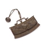 Metal and leather purse Afghan / Islamic of curved form and with engraved mounts and roundels,
