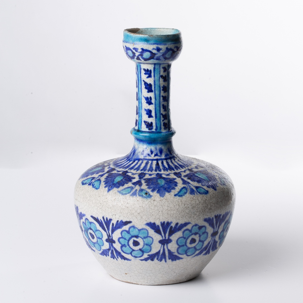 Kashmiri vase Indian with bands of blue and turquoise foliate designs, 25cm high Condition: firing - Image 2 of 3