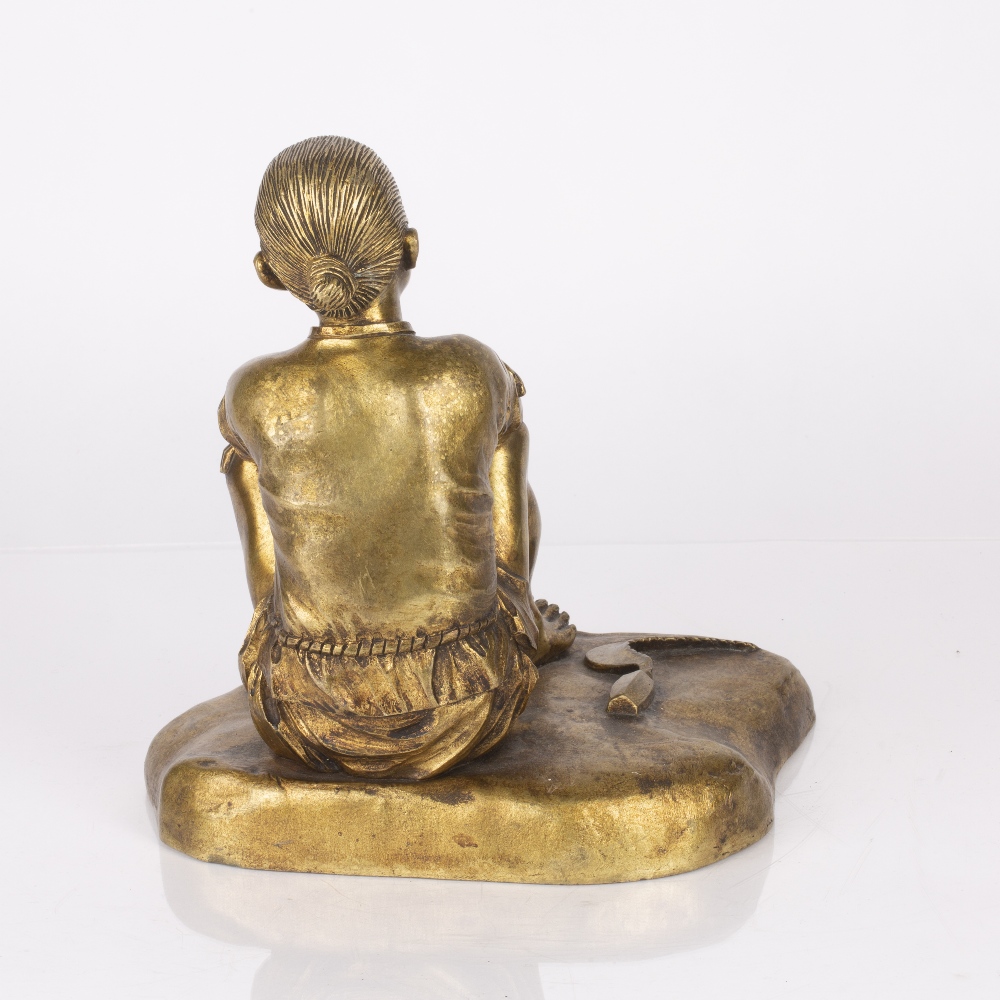 Gilt bronze model of farmer Japanese, early 20th Century the crouched figure seated beside his - Image 2 of 3