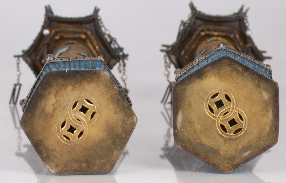 Pair of gilt metal and enamel column pagodas Chinese, 19th Century each of hexagonal form, with - Image 3 of 3