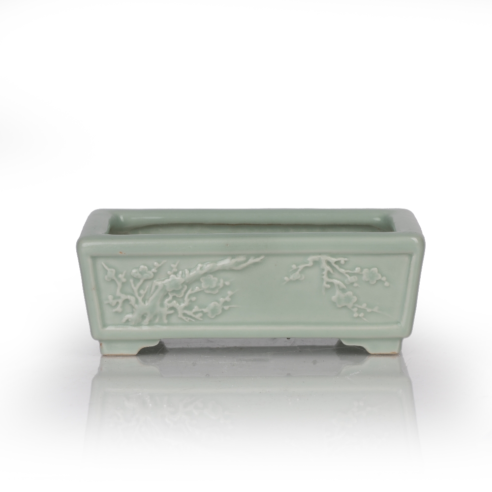 Celadon rectangular jardiniere Chinese each side with moulded decoration depicting flowering trees - Image 2 of 5