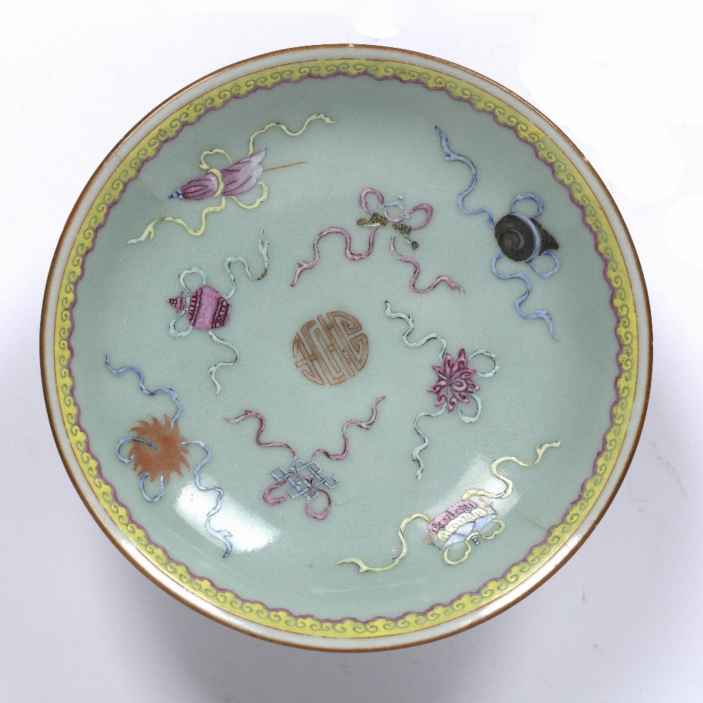 Celadon tazza Chinese, 19th Century decorated to the top with bajixiang, with similar decoration - Image 2 of 3