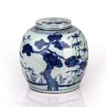 Blue and white lidded jar Chinese, 19th Century decorated to the body with bamboo and pine trees,