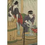 20th Century Japanese 'Two washer women' woodblock print, marked with seals lower left, 36cm x 24.