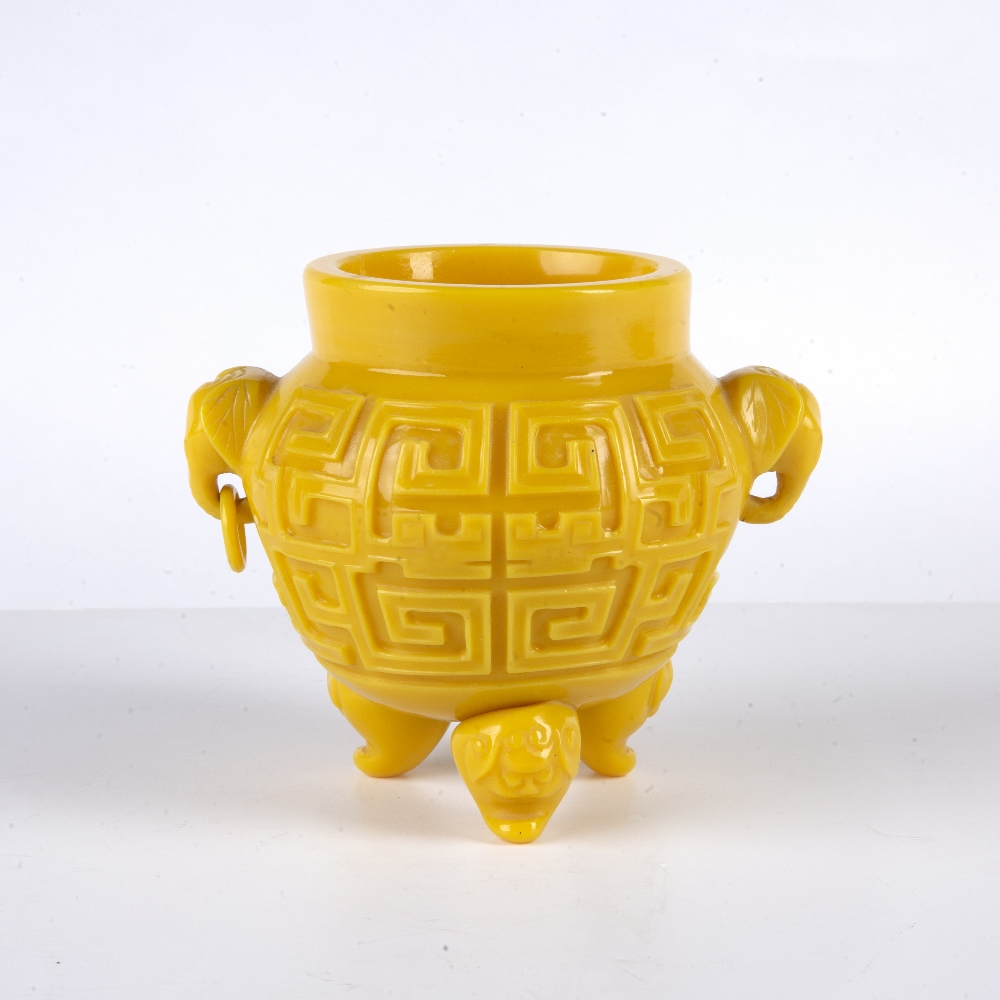Yellow glass censer Chinese with the sides carved in low relief depicting archaic symbols, supported - Image 2 of 4