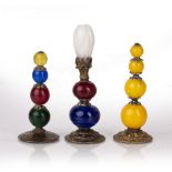 Three Mandarin hat finials Chinese each with coloured glass and amber type tiered beads, and metal