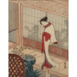 Suzuki Harunobu (1724/25-1770) 'Beautiful woman on the edge of a veranda' Japanese woodblock, 23.5cm