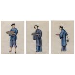 Collection of three pith or rice paper studies of various figures at work, unsigned, each measures