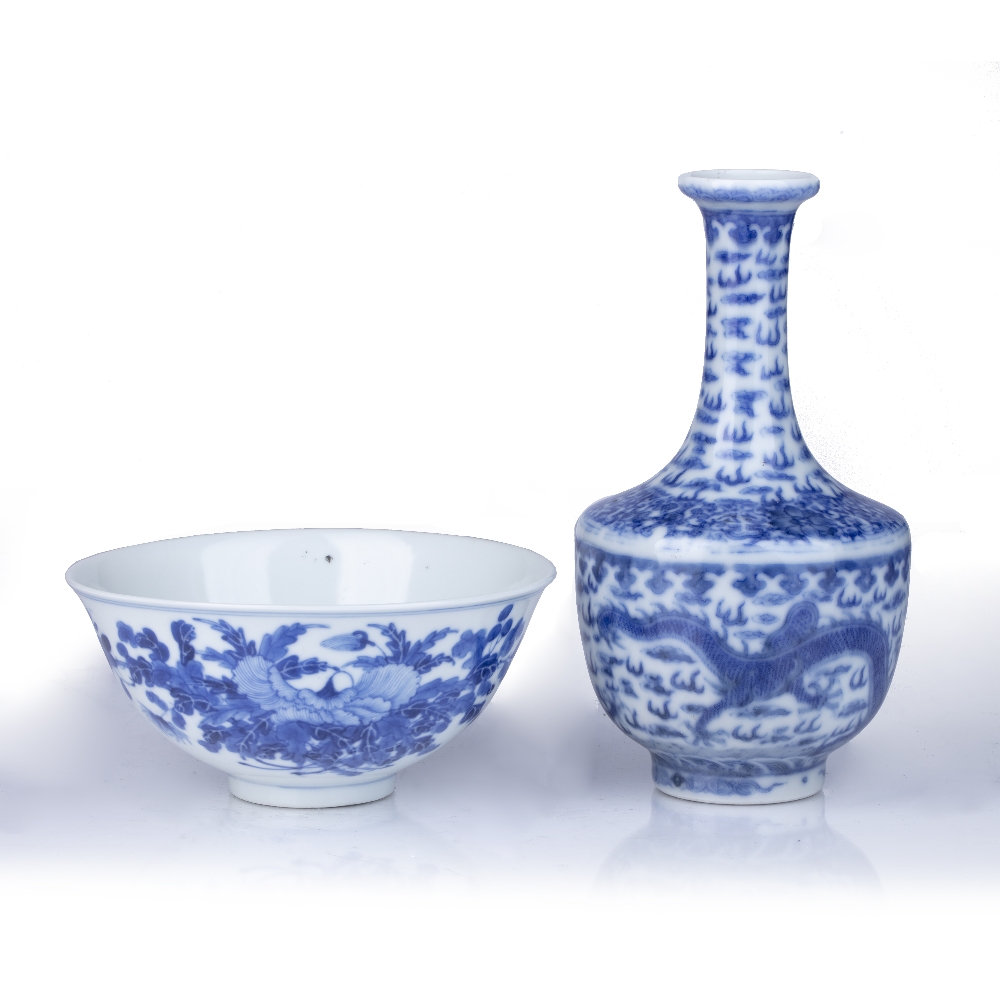 Two blue and white porcelain pieces Chinese consisting of a mark and period Guangxu bowl decorated