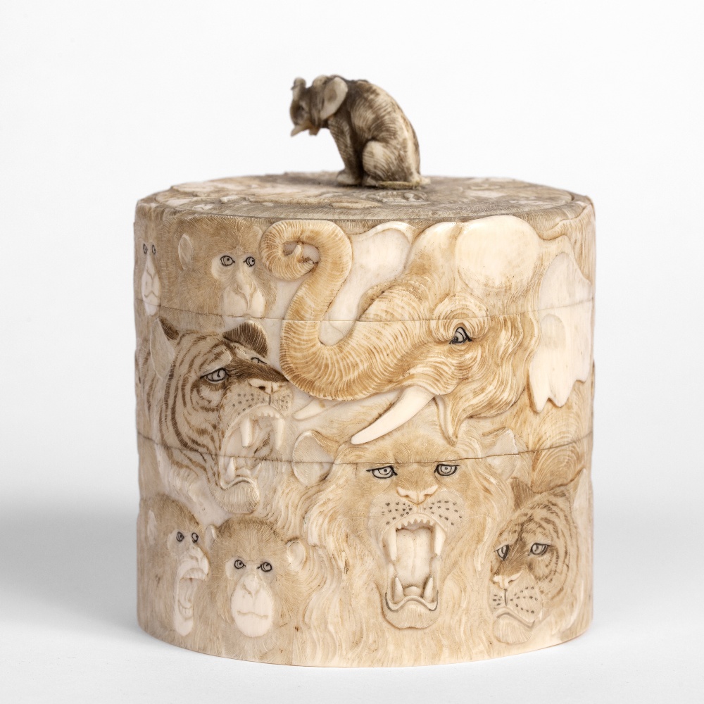 Ivory tusk vase and cover Japanese, Meiji period carved with tigers and elephants, 9cm high, 8.5cm - Image 2 of 6