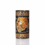 Cloisonne brush pot Chinese with gold panels of blossom and herons on a dark ground, 15.5cm high