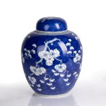 Blue and white ginger jar and cover Chinese decorated to the body with prunus leaf decoration,
