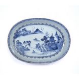 Oval blue and white dish Chinese, circa 1800 decorated to the centre with a river landscape with