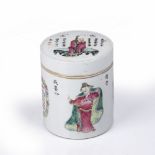 Famille rose porcelain box and cover Chinese, 19th Century painted with figures and inscriptions