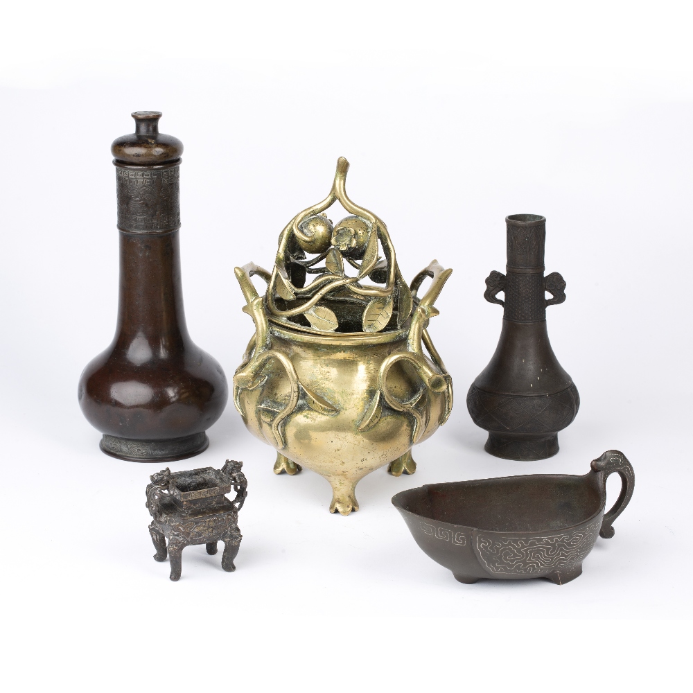 Collection of bronze vessels Chinese comprising of two bronze vases, a miniature bronze censer, an