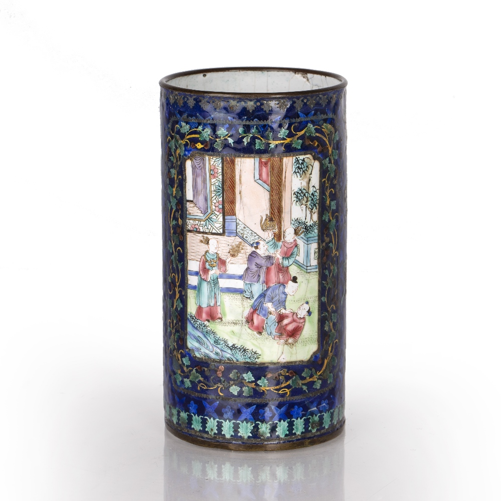 Enamel brush pot Chinese, 19th Century painted with two panels of courtiers and attendants, within a