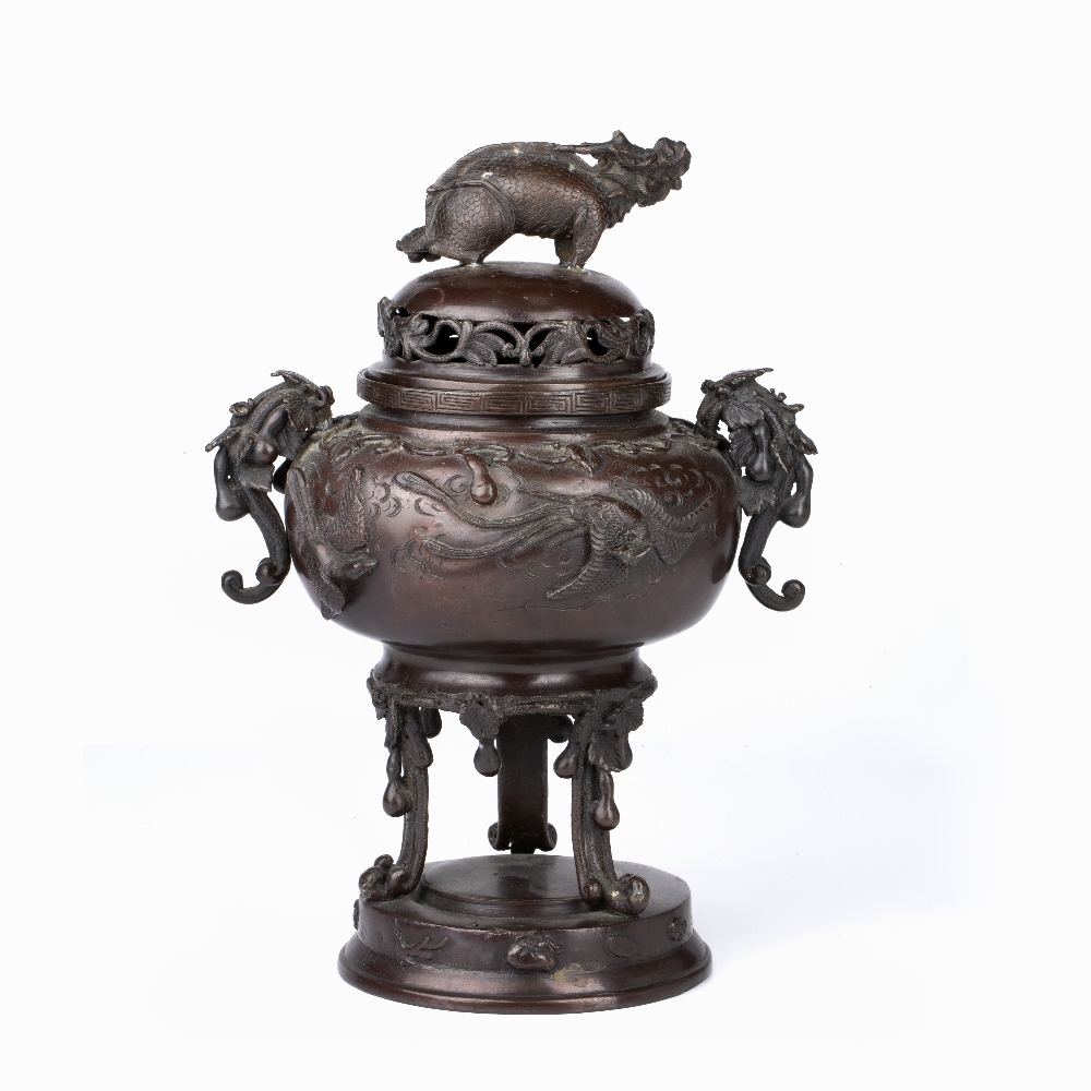 Bronze koro and cover Japanese, circa 1900/1920 with dragon finial and raised eagle band, 30cm - Image 2 of 4