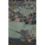 Two Japanese woodblock prints one with samurai in foreground, 35cm x 22cm and one other of a