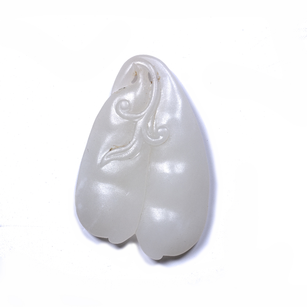 White jade carving Chinese depicting two melon fruit hanging from a branch, 9cm Condition: just