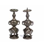 Pair of bronze miniature pricket candle sticks Japanese, Meiji period formed as a slender double