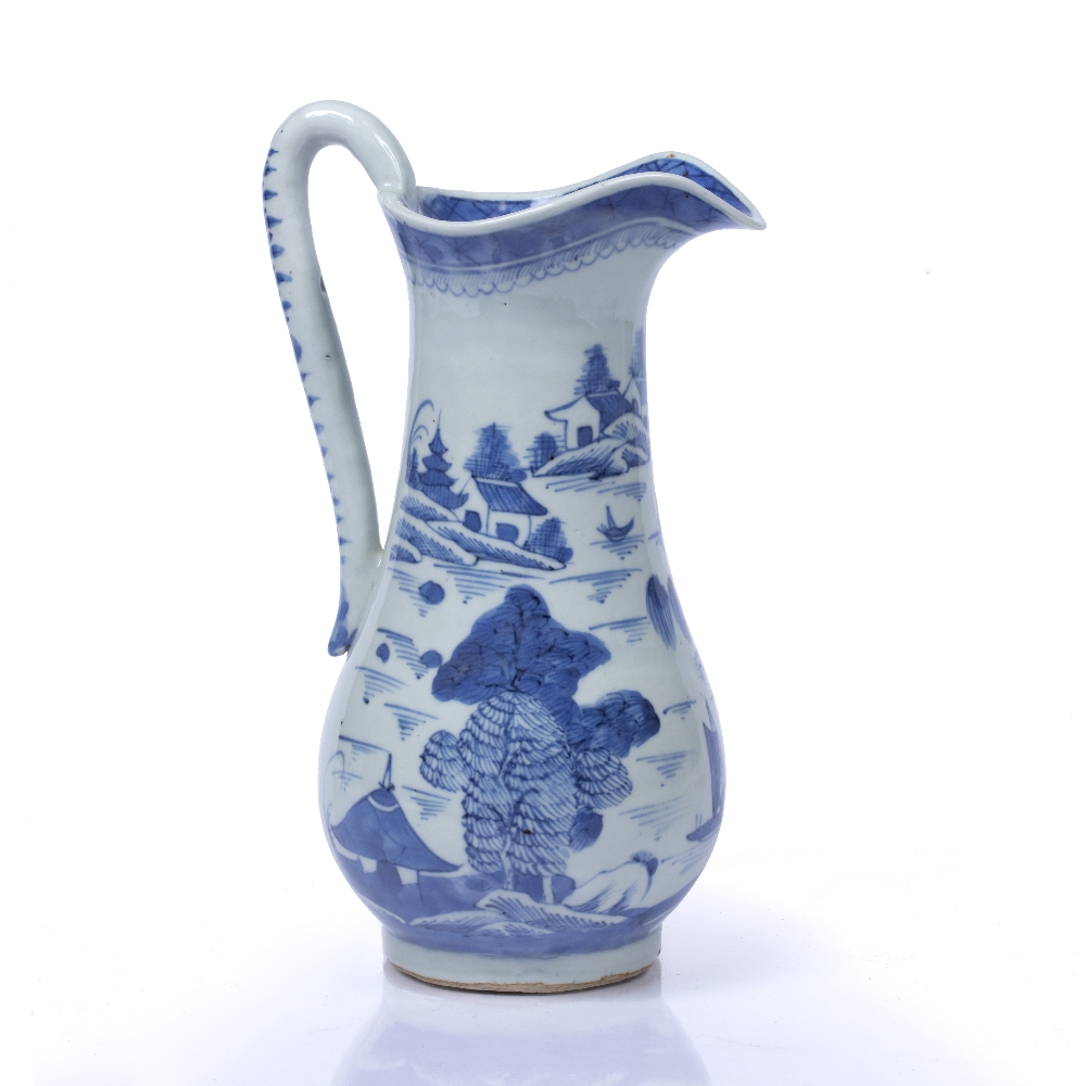 Blue and white ewer Chinese, circa 1800 decorated with a landscape scene to the body depicting a - Image 2 of 5