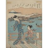 Suzuki Harunobu (1724-1770) 'Two beauties by harbour' woodcut in colours, 28.5cm x 21.5cm Condition: