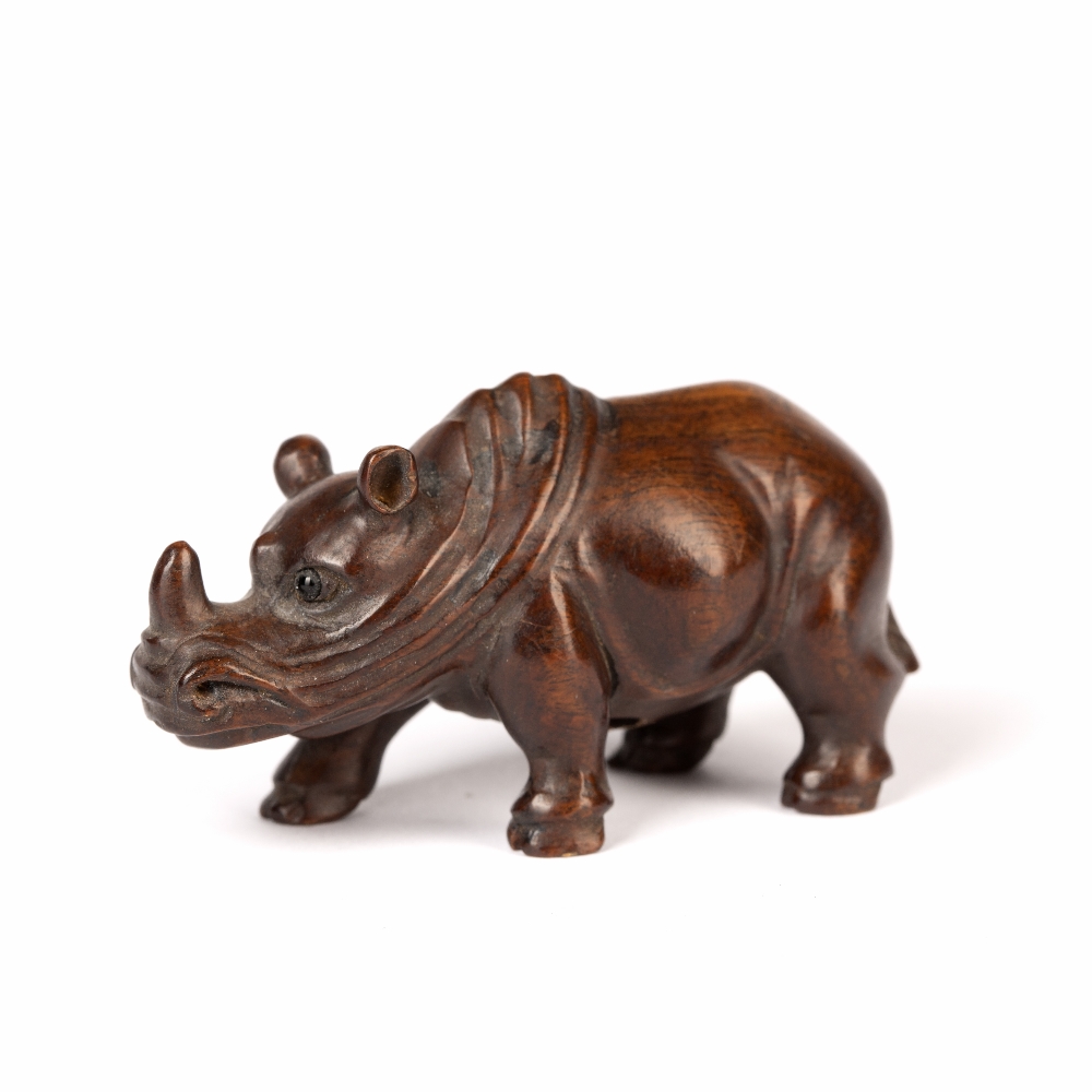 Contemporary wooden netsuke Japanese depicting a standing rhino, signed Meizan, 6cm across - Image 3 of 3