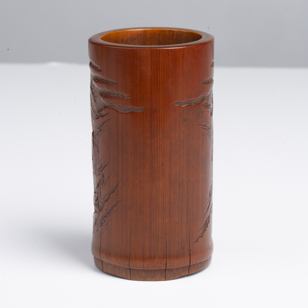 Carved bamboo brushpot Chinese, 18th/19th Century carved with pine trees, river and punt, 12cm - Image 2 of 3