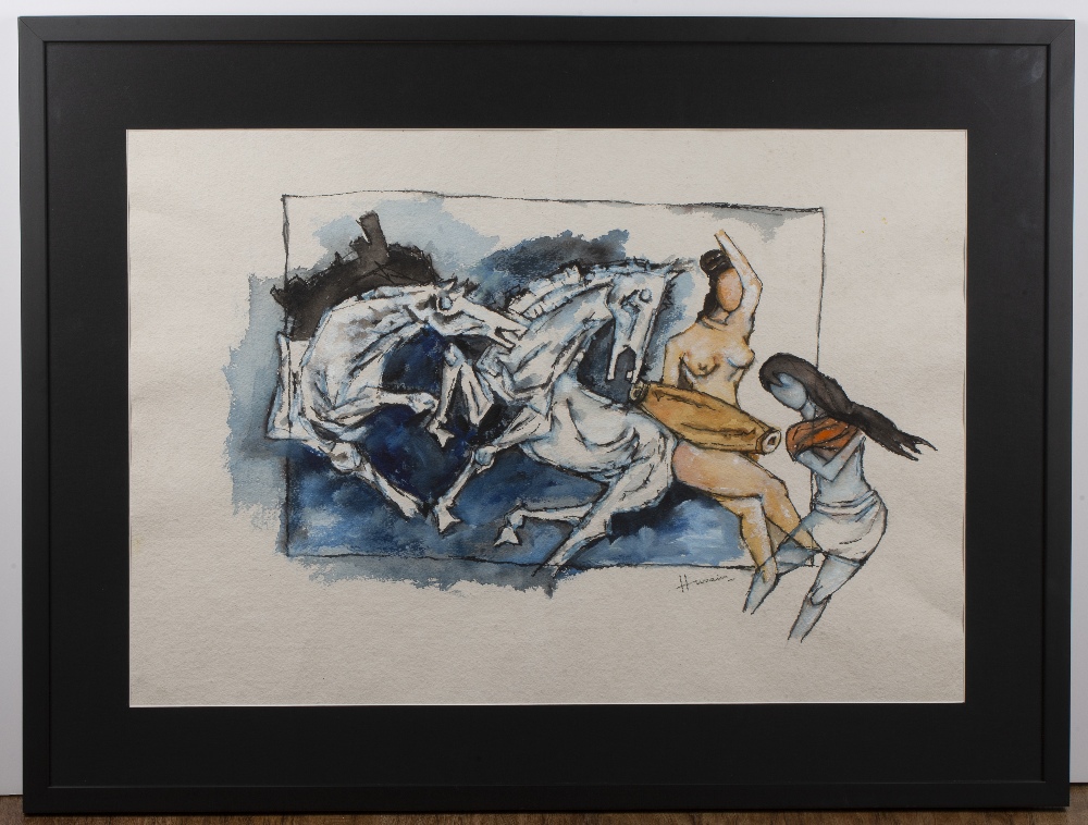 Maqbool Fida Husain (1915-2011) Untitled, Horses, 2003, watercolour on paper, framed and glazed, - Image 2 of 3