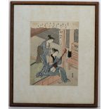 Suzuki Harunobu (1724-1770) 'Combing his hair' woodcut in colours, 28.5cm x 21.5cm Condition: some