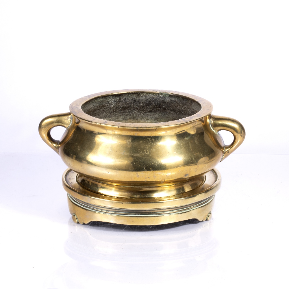 Bronze censer and stand Chinese, 17th/18th Century on a circular en-suite base, the squat bulbous - Image 2 of 3