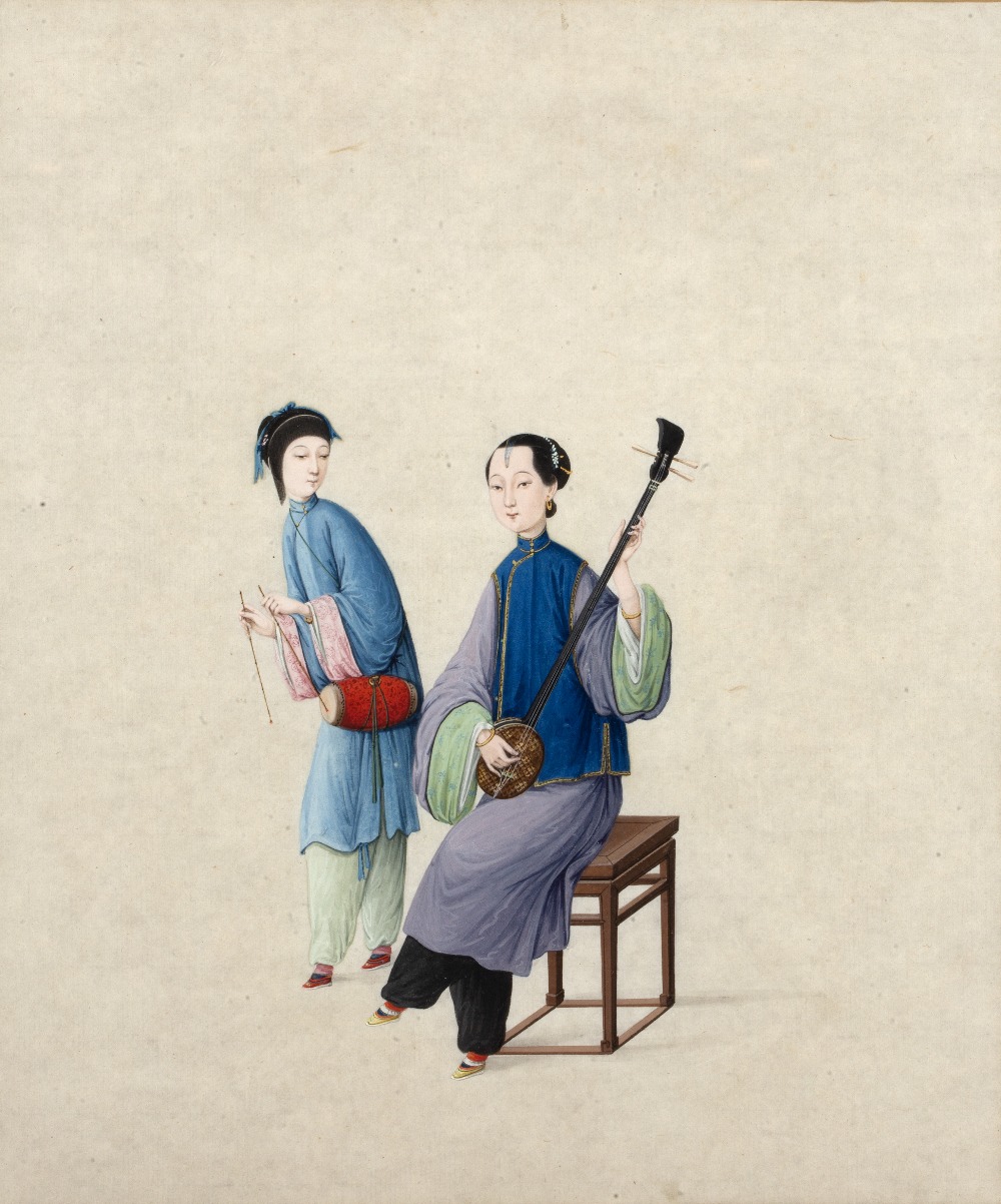 Set of four Gouache studies Chinese, 19th Century depicting a women playing a variety of musical