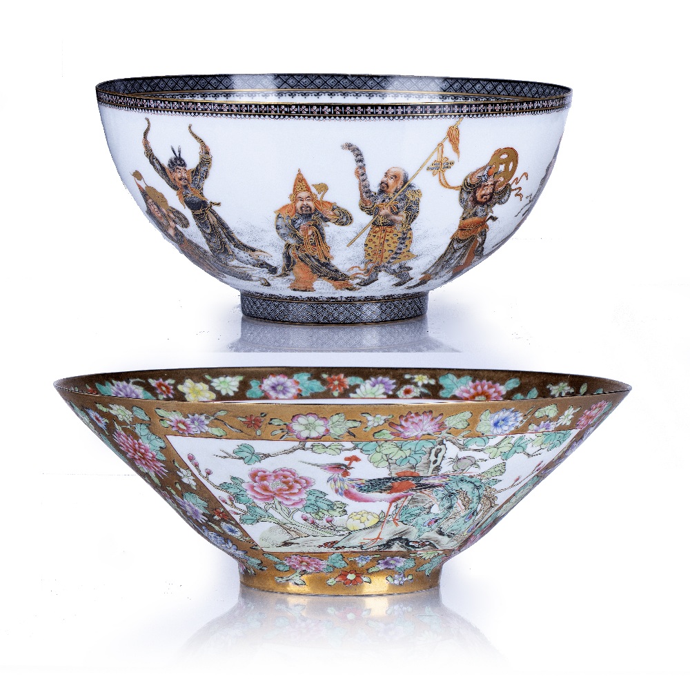 Two eggshell porcelain bowls Chinese, 20th Century the first decorated to the exterior with