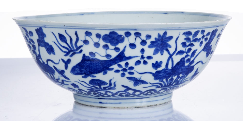 Ming style blue and white porcelain bowl Chinese, 19th Century painted with fish and flowers, - Image 3 of 5