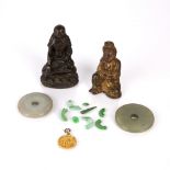 Group of objects Chinese to include two bronzes of figures, hard stone carvings and a gold
