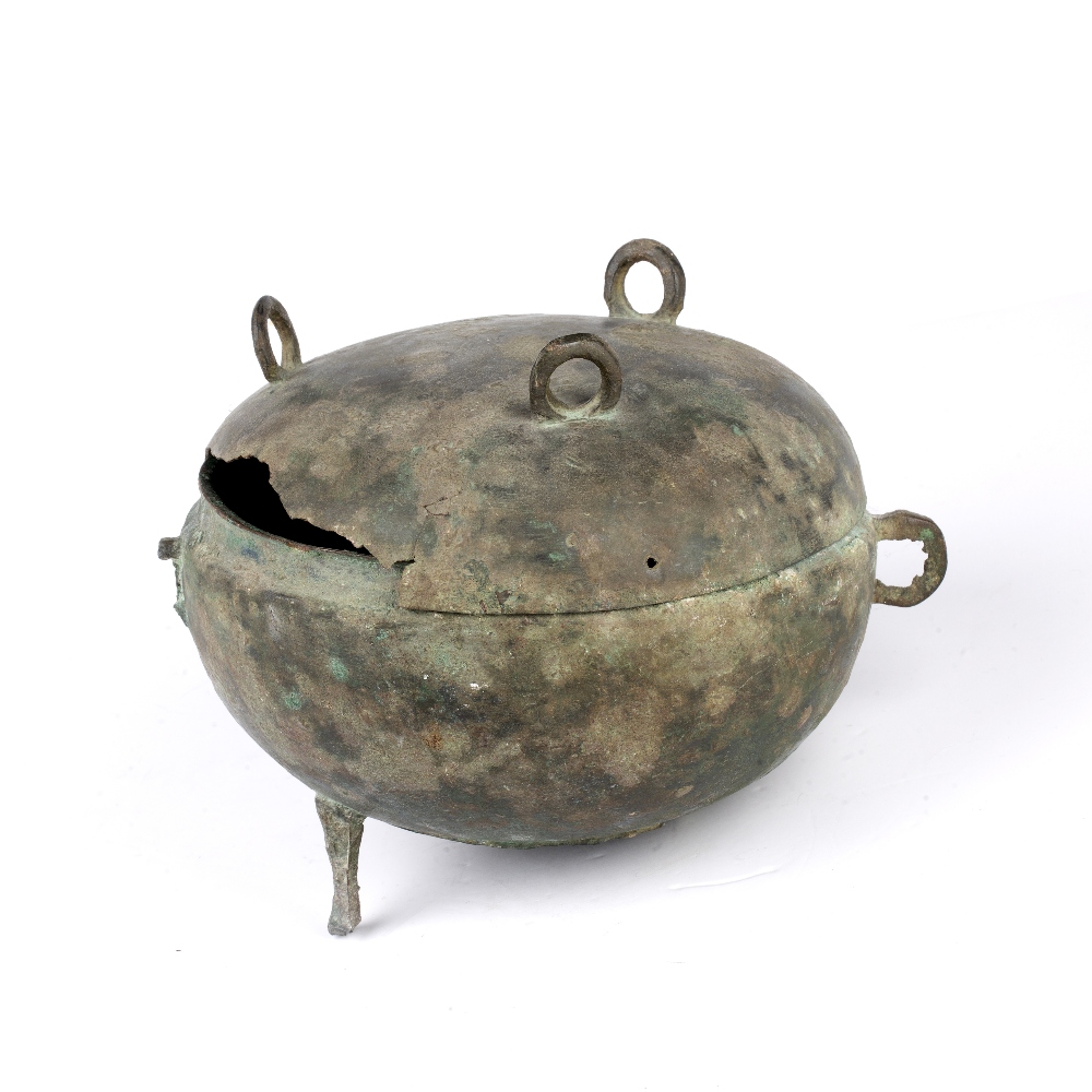 Bronze archaic vessel, Ting Chinese the lid of the vessel surmounted by looped finials, 14cm high