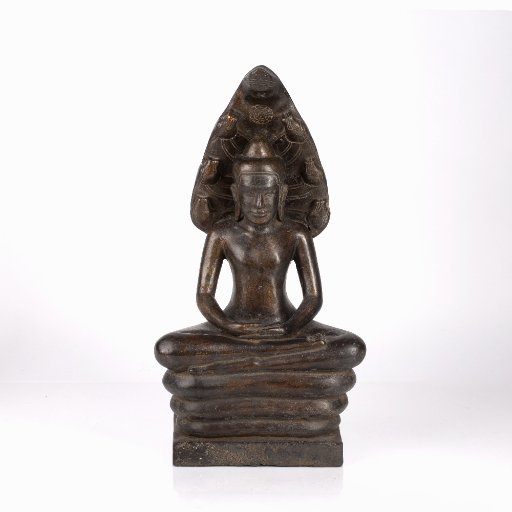 Bayon style bronze statue of Naga Buddha Khmer, 19th Century the engraved figure seated on a three