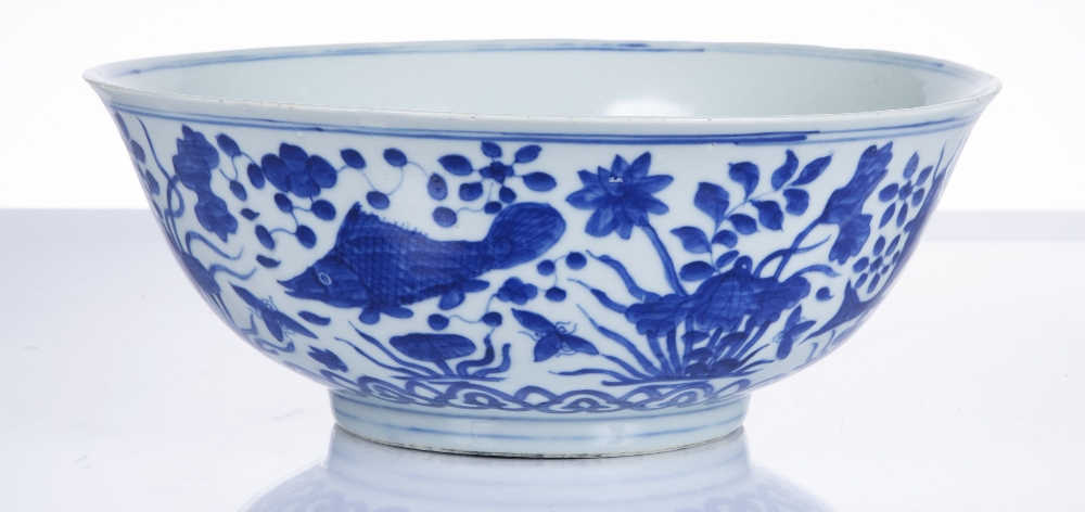 Ming style blue and white porcelain bowl Chinese, 19th Century painted with fish and flowers,