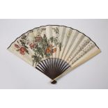 Painted fan Chinese, 20th Century painted with flowering blossoms to one side on the left, to the