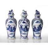 Three blue and white lidded vases Chinese, 19th Century decorated to the body with panels of