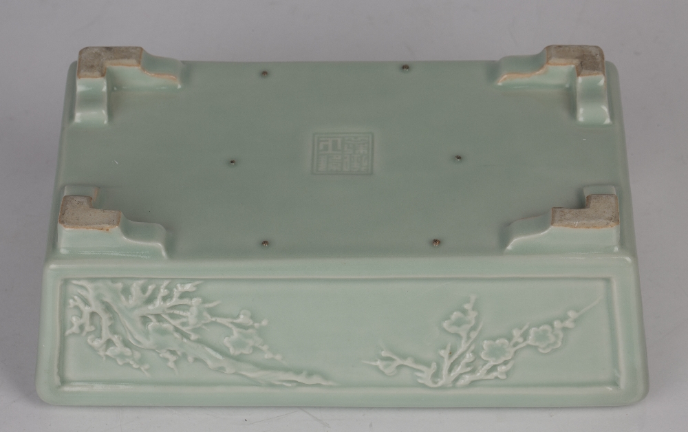 Celadon rectangular jardiniere Chinese each side with moulded decoration depicting flowering trees - Image 4 of 5