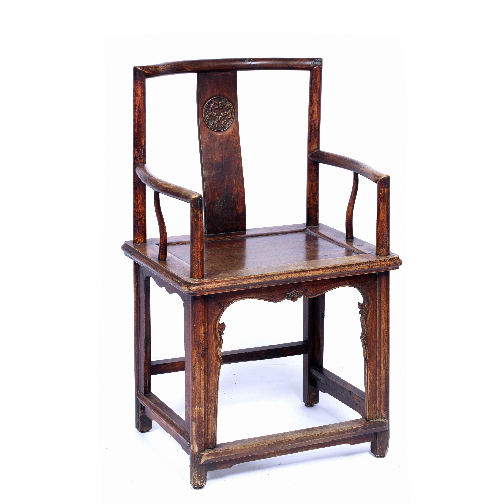 Ming style throne chair Chinese, 19th Century with roundel carved to the back, 95.5cm high, 57cm