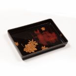 Black lacquer tray Japanese with leaf decoration, 31cm x 22cm in a fitted case Condition: box with