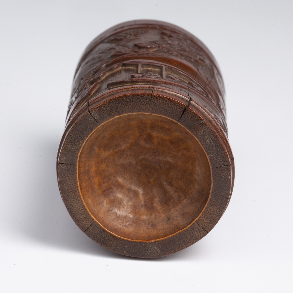 Carved bamboo brushpot Chinese, 18th/19th Century carved with pine trees, river and punt, 12cm - Image 3 of 3