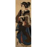 Keisai Eisen (1790-1848) 'Standing Geisha' Japanese woodblock, 72cm x 24cm Condition: some