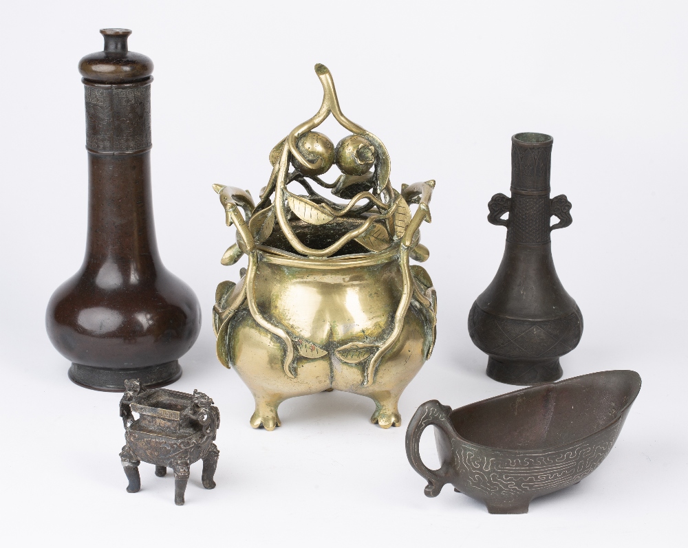 Collection of bronze vessels Chinese comprising of two bronze vases, a miniature bronze censer, an - Image 2 of 3