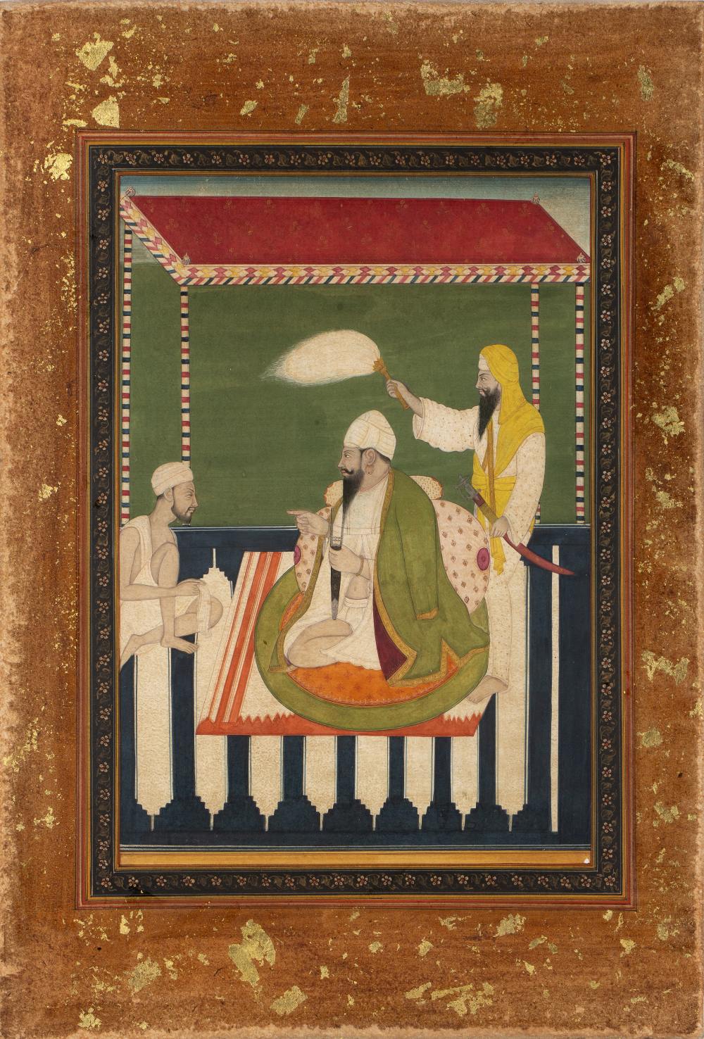 Seated figure miniature Indian, Sikh school depicting two attendants with a seated figure, with a