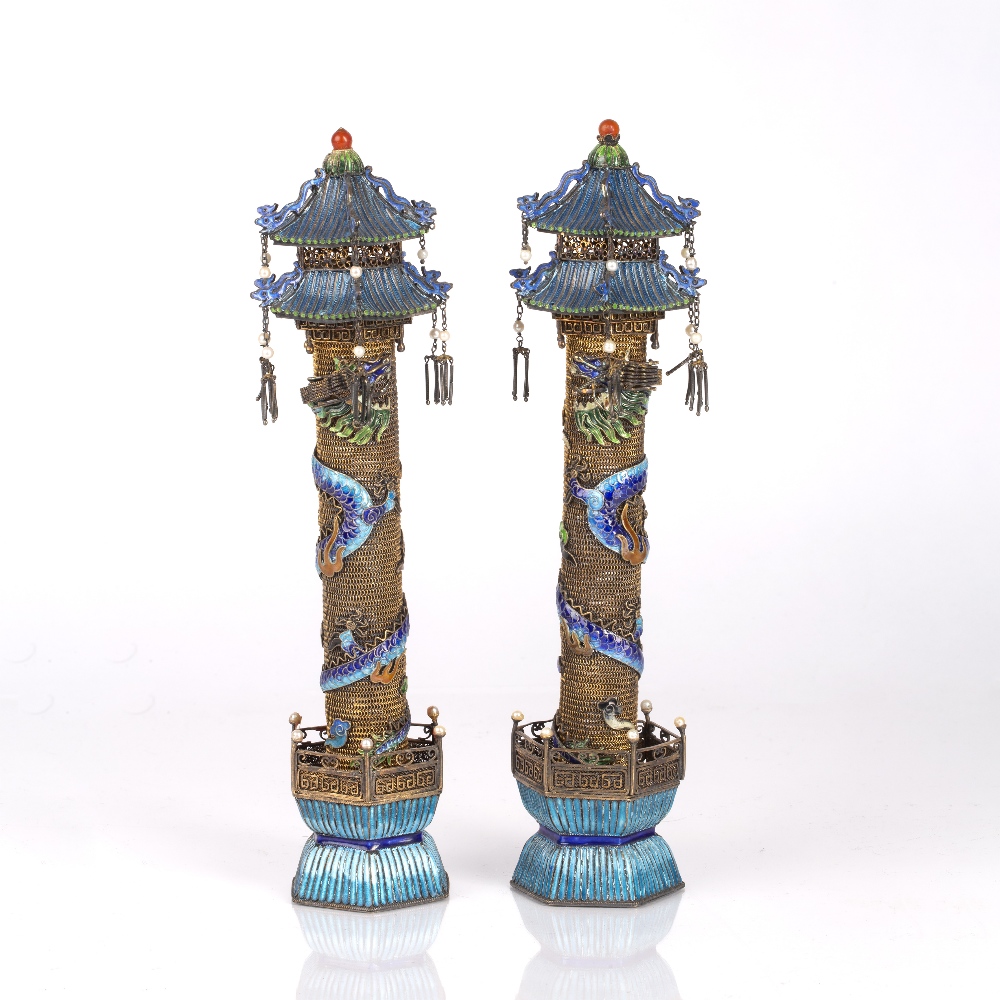 Pair of gilt metal and enamel column pagodas Chinese, 19th Century each of hexagonal form, with